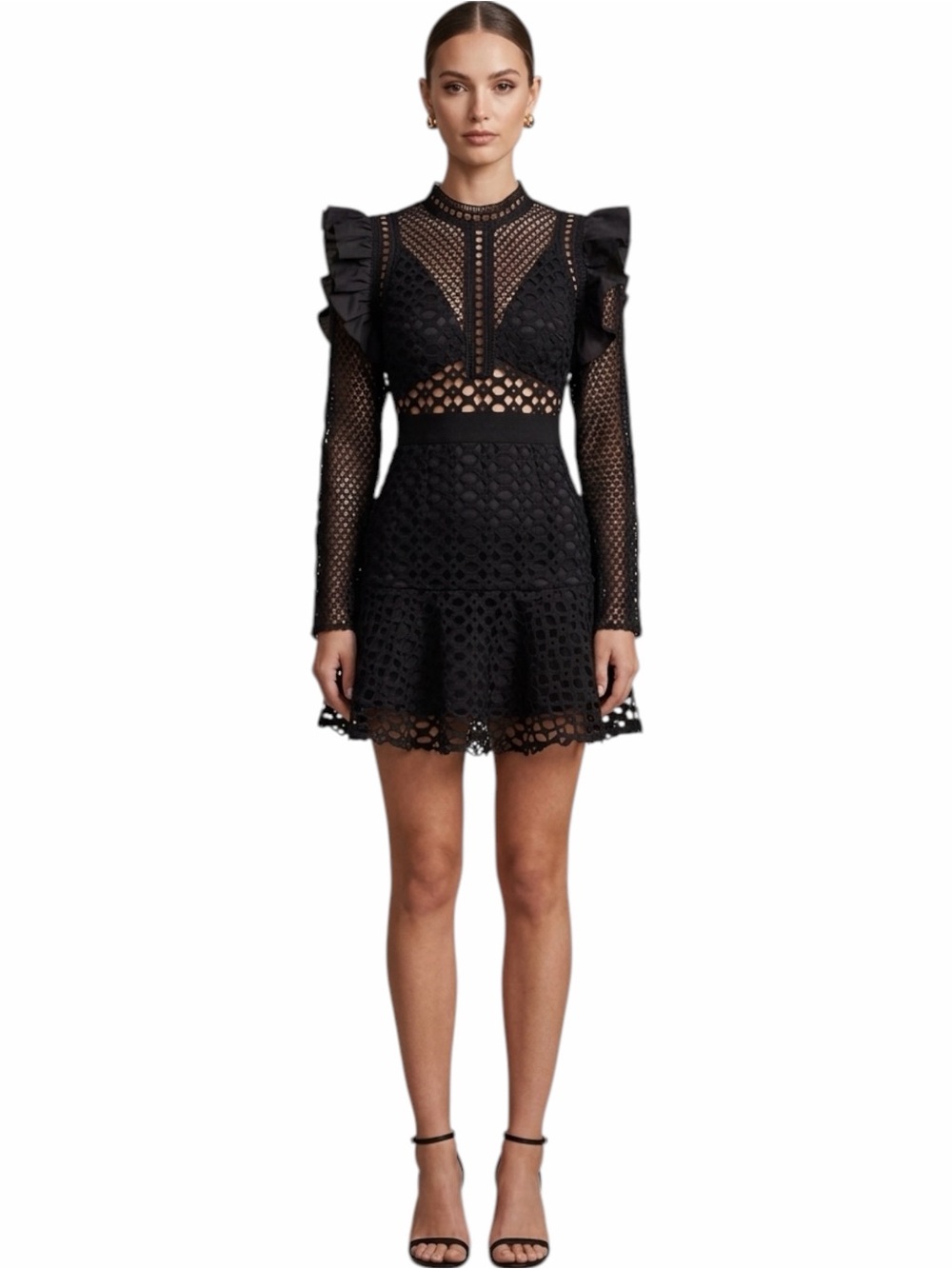 HAUTE ROGUE / Self-Portrait Black Guipure Lace Ruffle Mini Dress Size Small
